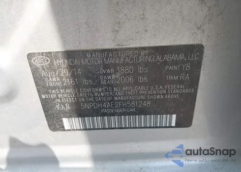 2015 Hyundai Elantra Limited z USA, uszkodzony, nr VIN 5NPDH4AE2FH581248